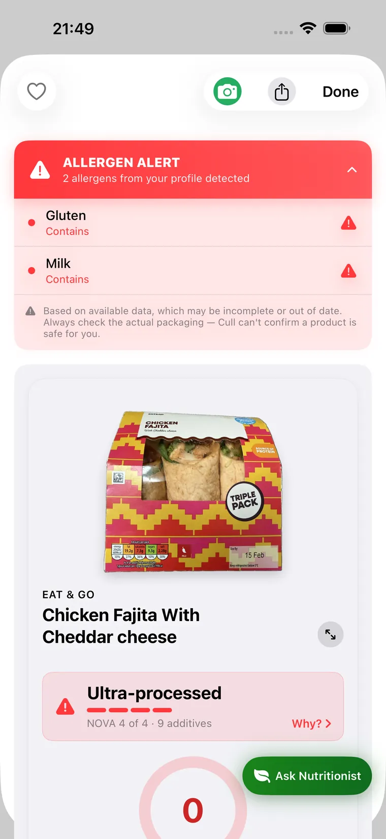 Cull allergen alert detecting milk and gluten from a personal profile