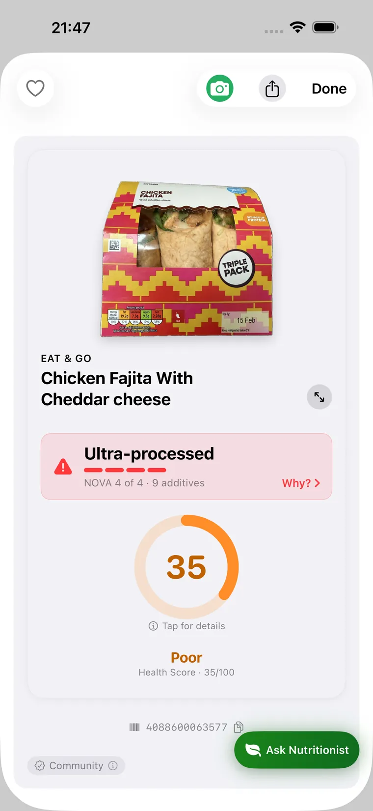 Cull flagging a chicken fajita wrap as ultra-processed, NOVA 4 with 9 additives, health score 35