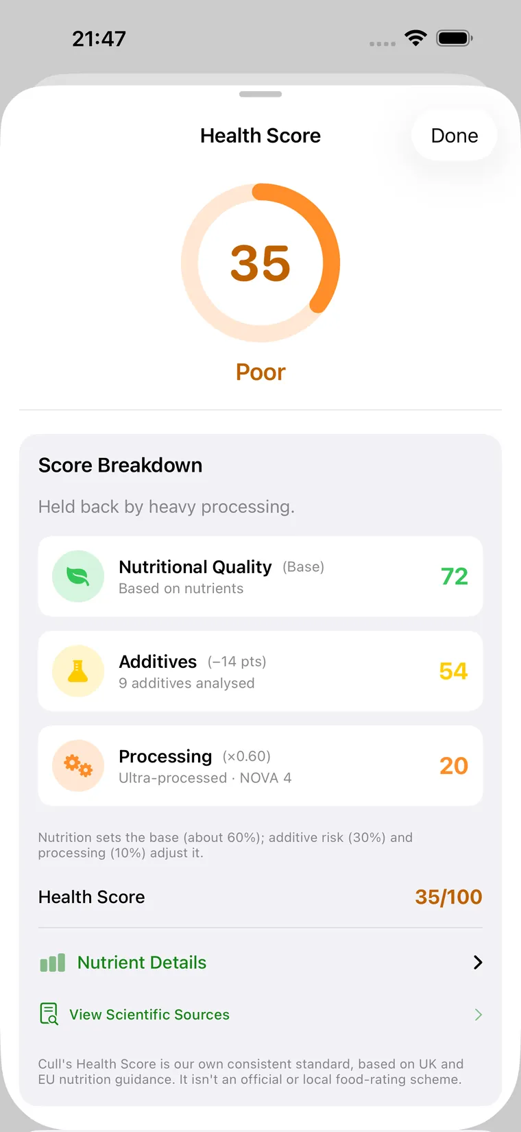 Cull's transparent score breakdown: nutritional quality 72, additives 54, processing 20