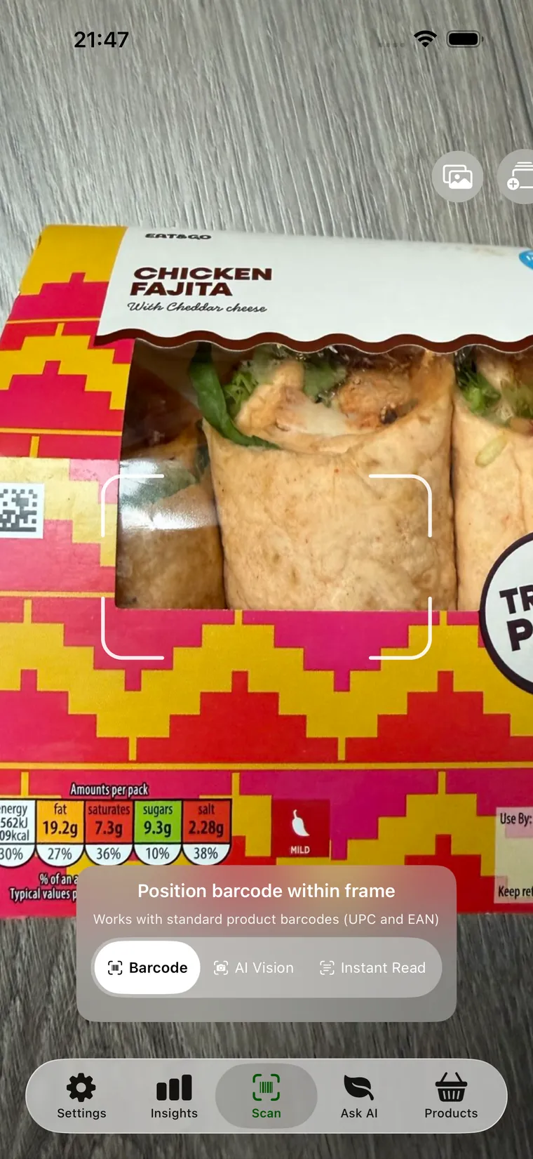 Cull's barcode scanner pointed at a chicken fajita wrap meal deal